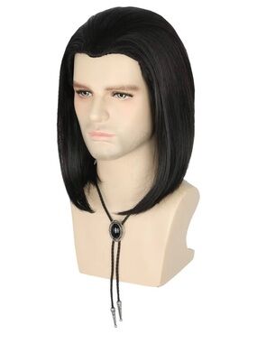 Mens Wig+Bolo Tie Black Short Cosplay Wigs for Halloween Costume